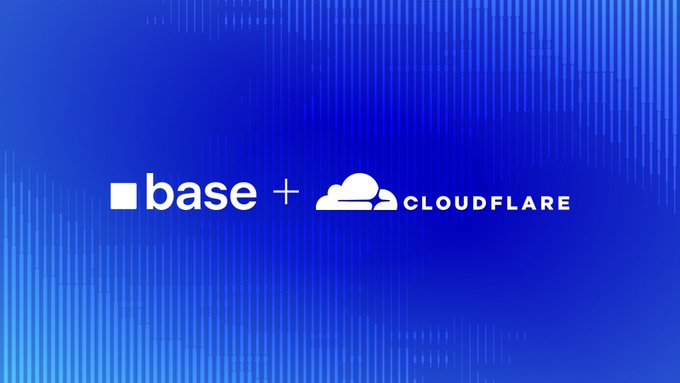 A blue graphic showing a partnership announcement between Base and Cloudflare, with both logos displayed.