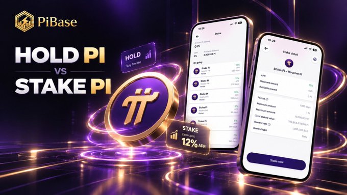 A promotional graphic for PiBase compares "HOLD PI vs STAKE PI," showing the PiBase logo, a Pi coin, and two phone screens displaying the staking interface with details like "Stake PI – Receive PI," "12% APR," "Stake data," and "Earn up to 12% APR." The image visually reinforces the post's message by illustrating the choice between simply holding PI versus staking it to earn rewards on the PiBase platform.