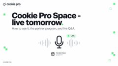 Promotional graphic for a Cookie Pro Space livestream event, featuring the header "Cookie Pro Space - live tomorrow" with text "How to use it, the partner program, and the Q&A," accompanied by a microphone icon and a "tomorrow" timestamp indicator.