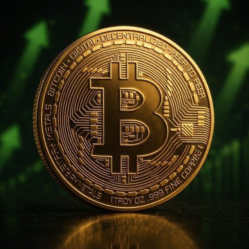 The image features a gold-colored Bitcoin coin, which has been photographed from an overhead perspective. The coin is placed on a dark surface, with its edges facing upwards. In the background, there are green arrows pointing upwards, suggesting that the coin's value has increased over time. The text "JUST IN: $5B Cardone Capital just bought another $9.7M worth of Bitcoin" indicates that the coin was recently purchased by someone else for a significant amount of money.