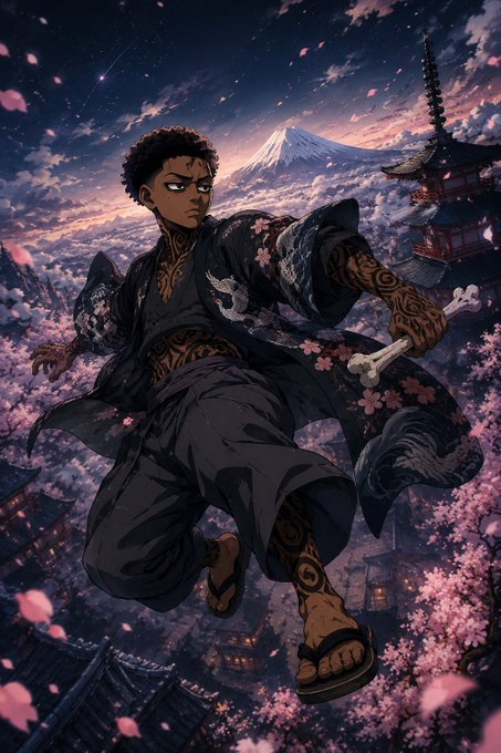 An anime-style illustration of a male character with dark skin, tribal tattoos, and a black floral kimono, holding a bone weapon while leaping over a Japanese village with Mt. Fuji and cherry blossoms in the background.