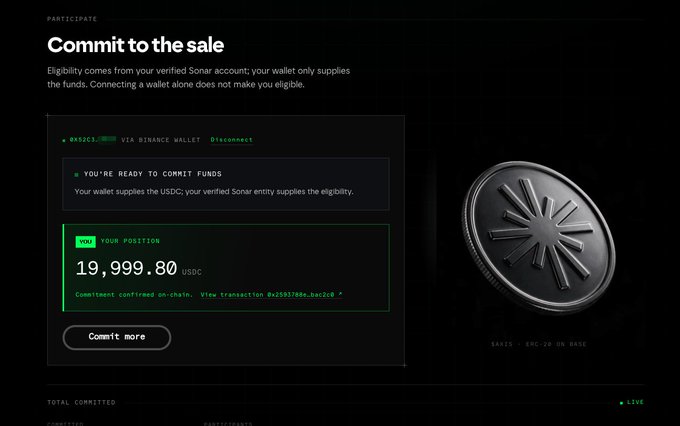 A "Commit to the sale" page on Sonar shows a verified Binance wallet (0x52C3...) has committed 19,999.80 USDC to the $AXIS token sale on Base, with a transaction link confirming the on-chain commitment. The image visually corroborates the post's claim of committing 20,000 USDC to support 0xsexybanana's Axis project despite reservations about its token release conditions.