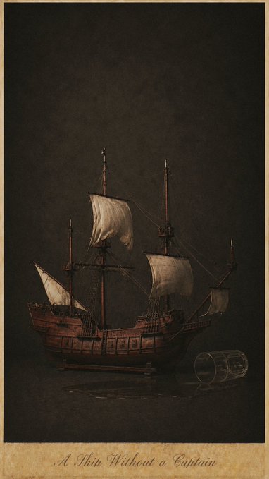 An artistic digital painting of an old sailing vessel against a dark background, titled "A Ship Without a Captain" in script at the bottom. The image serves as the NFT artwork described in the post.