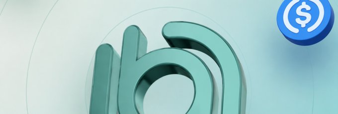 A close-up 3D rendering of a teal Coinbase logo next to a blue USDC stablecoin coin icon.