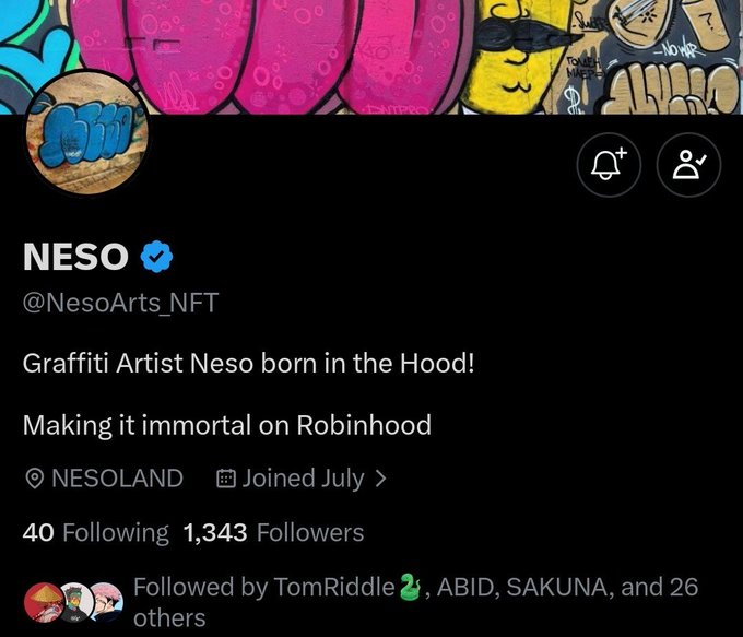 A Twitter/X profile for verified graffiti artist **NESO (@NesoArts_NFT)** featuring a colorful graffiti-style header with pink, yellow, and blue artwork, including his "NESO" logo profile pic. The bio reads "Graffiti Artist Neso born in the Hood! Making it immortal on Robinhood," and shows 1,343 followers, 40 following, based in "NESOLAND," and was joined in July. The profile visually supports the post's mention of Neso Arts being the first graffiti art collection on Robinhood Chain.