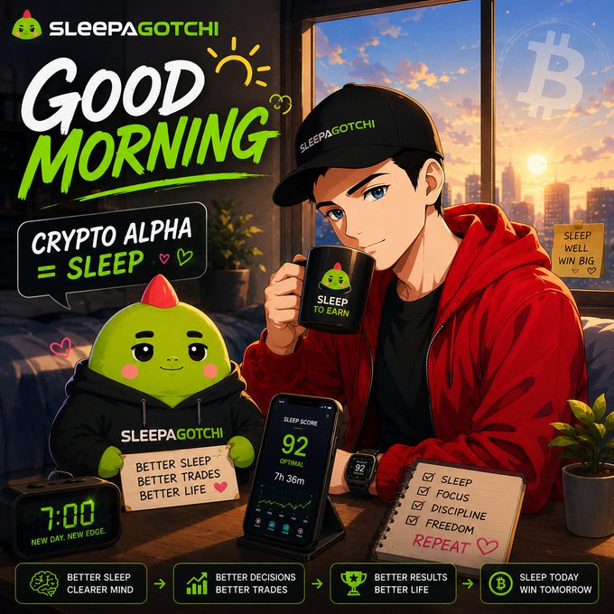 The image features a man sitting at a table with a cell phone, holding a coffee cup while looking at his phone. The background of the image shows a city skyline, indicating that he might be in an urban setting or possibly at home near a window overlooking a cityscape. There is also a green plant on the table next to him and another person sitting nearby.

The post features a cartoon illustration of a man with a cup of coffee and a cell phone, accompanied by text promoting the idea that "Good Morning fam do not miss this people thinking $SLEEP is just a reward token." The image also includes a reference to an AI experience called "@sleepagotchi" who can help users better understand their sleep patterns.