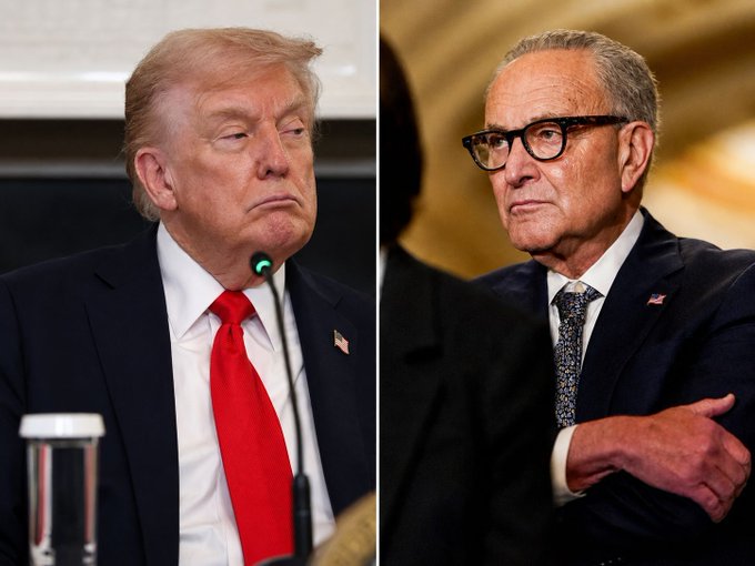 A split image shows former President Donald Trump and Senate Majority Leader Chuck Schumer, who is targeting Trump's reported $1.4 billion crypto income with a proposed Anti-Corruption Bureau.