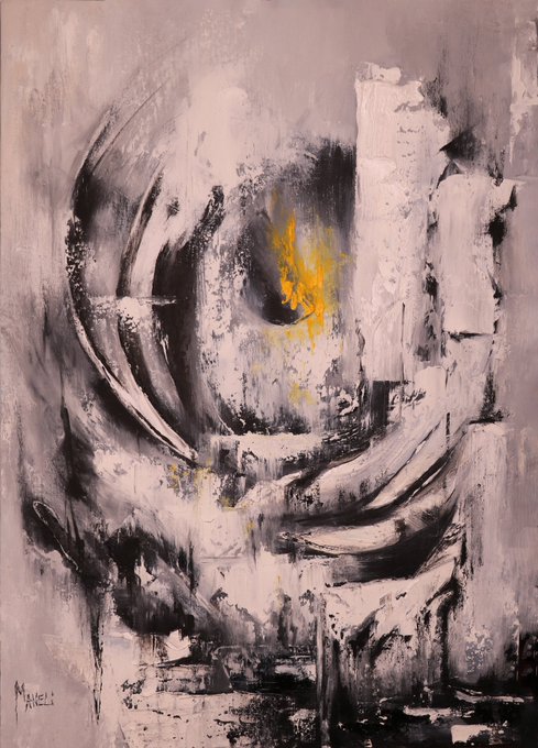 An abstract expressionist painting featuring bold black and white brushstrokes with a splash of yellow in the upper center, signed 'M. Angeli'.