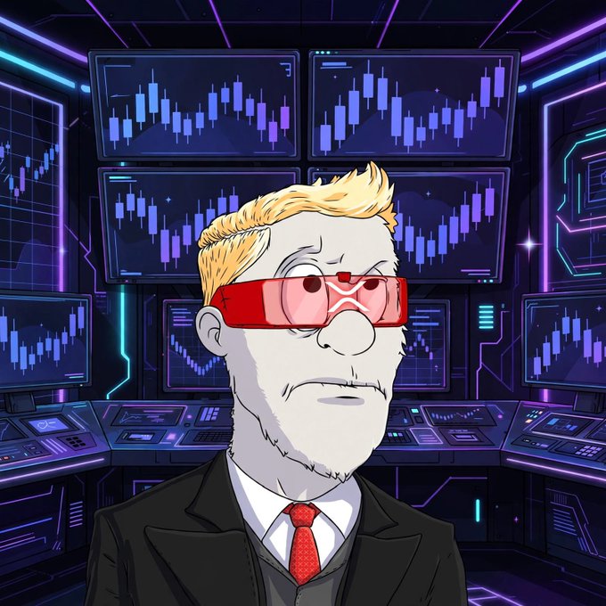 An animated illustration of a blonde-haired man wearing a suit, red tie, and red futuristic visor, standing in front of multiple screens displaying blue candlestick charts and neon-lit controls.
