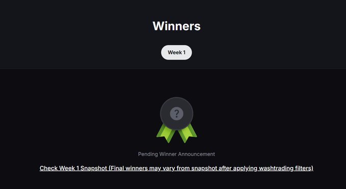 A dark screen displays 'Winners' at the top with a 'Week 1' button, and shows a 'Pending Winner Announcement' below a question mark icon with green ribbons, noting to 'Check Week 1 Snapshot (Final winners may vary from snapshot after applying washtrading filters)'.