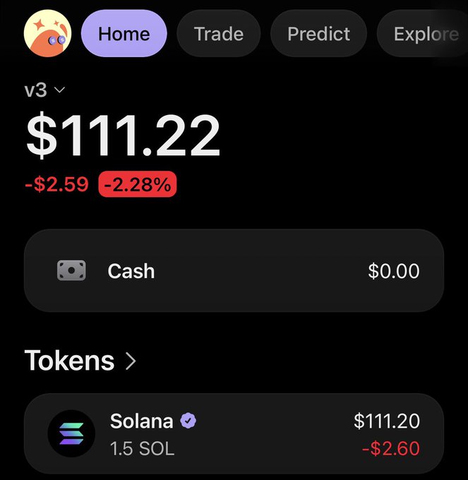 The image shows a crypto portfolio screen displaying a total balance of $111.22, down 2.28% (-$2.59), with the holdings consisting of 1.5 SOL (Solana) valued at $111.20. This relates to the post as the user is running a $25 giveaway to 4 people, and their displayed portfolio holdings show they have approximately 1.5 SOL, aligning with the giveaway amount of $100 worth of Solana.