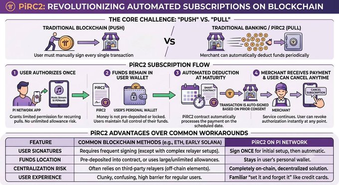 An infographic titled "PIRC2: REVOLUTIONIZING AUTOMATED SUBSCRIPTIONS ON BLOCKCHAIN" comparing traditional push blockchain vs. pull banking/PIRC2 methods, outlining a four-step subscription flow and advantages over common workarounds.