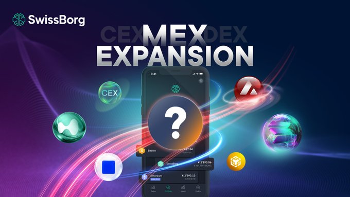 A promotional graphic for SwissBorg's 'MEX EXPANSION' featuring a smartphone displaying crypto exchange data surrounded by CEX, Avalanche, and other cryptocurrency logos.