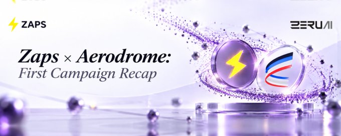 A promotional graphic reads 'Zaps x Aerodrome: First Campaign Recap' with the 'ZAPS' lightning bolt logo and 'AERUAI' branding displayed alongside stylized spheres.
