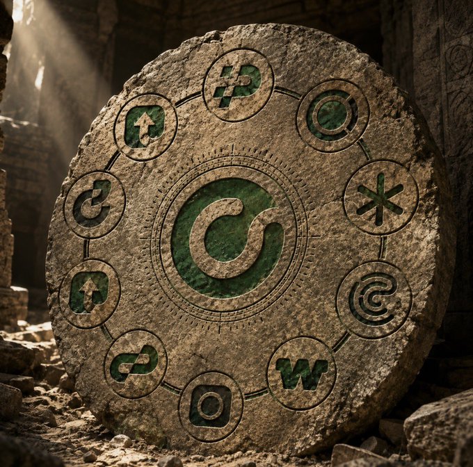 A stone tablet or wheel carved with various cryptocurrency logos (including P, C, *, and others) arranged around a central symbol, set in an ancient ruins environment.