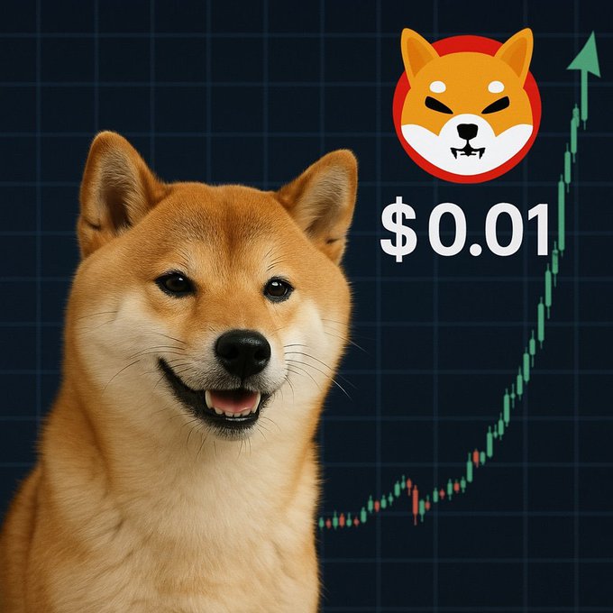 A Shiba Inu dog is pictured next to a bullish stock chart with the text "$0.01" and the Shiba Inu logo, visually supporting the post's claim that $SHIB will reach $0.01.