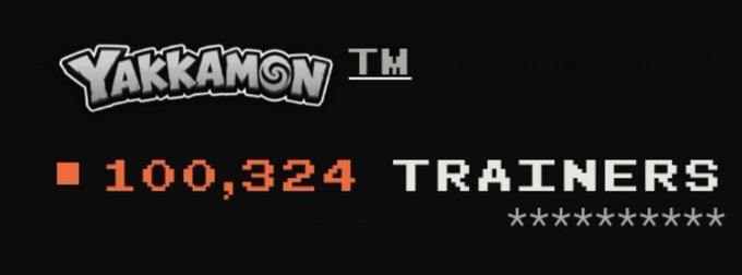 A logo for 'Yakkamon' with a logo style header and a counter showing '100,324 TRAINERS' with obscured characters below on a black background.