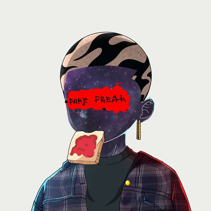 An illustrated figure with a galaxy-patterned head, a red 'FAKE FREAK' bandana across the eyes, holding a piece of toast with jelly.
