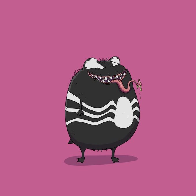 A cartoon illustration of a chubby, round Venom-like creature with black coloring, white spider emblem, sharp teeth, and a long pink tongue, set against a bright pink background.