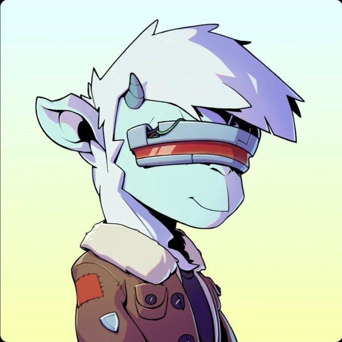 Digital illustration of a cartoon character with white hair, a teal/cyan face, and futuristic orange visor-style eyewear, wearing a brown jacket.