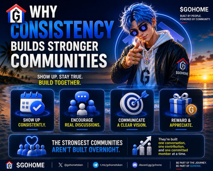 $GOHOME promotional graphic titled "WHY CONSISTENCY BUILDS STRONGER COMMUNITIES" featuring a blue-haired anime character and four principles: Show Up, Encourage, Communicate, and Reward.