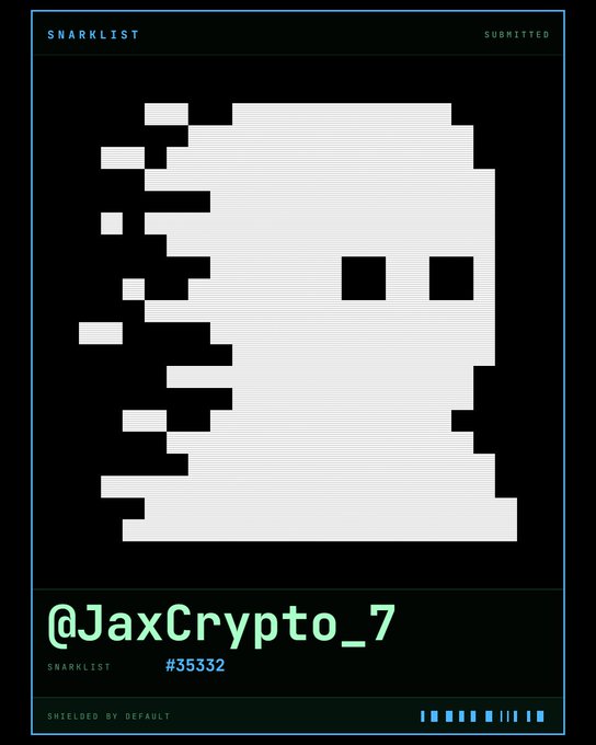 A pixel art 'SNARKLIST' card for '@JaxCrypto_7' (#35332) featuring a glitchy white skull-like figure on a black background with 'SHIELDED BY DEFAULT' text at the bottom.