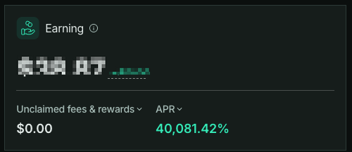 The image shows an "Earning" dashboard displaying an extremely high APR of 40,081.42% alongside $0.00 in unclaimed fees & rewards, illustrating the poster's point about meme token liquidity pools offering massive percentage returns but minimal actual earnings, making them feel underwhelming compared to more substantial ETH liquidity pools.