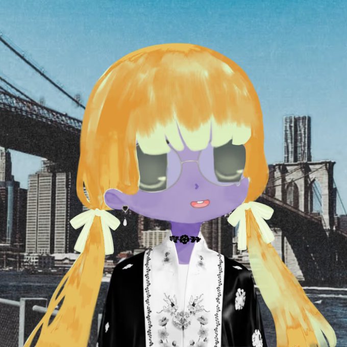 An anime-style illustration of a character with purple skin, large eyes, and orange twin-tails, wearing a black and white floral outfit and a choker, standing in front of a city skyline with a bridge.