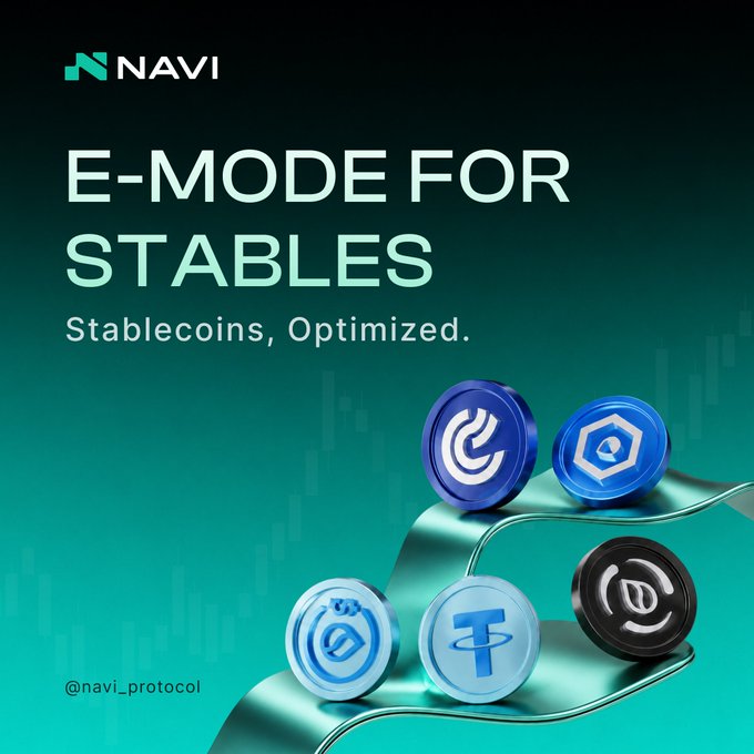The image features a collection of five cryptocurrency coins displayed against a teal background with white text that reads "E-Mode for Stables" and "Stablecoins, Optimized." The coins are arranged in a row, showcasing their unique designs and colors. The text also mentions that more E-Mode pairs will be coming to NAVI soon, indicating the expansion of stablecoin support on the cryptocurrency exchange platform.