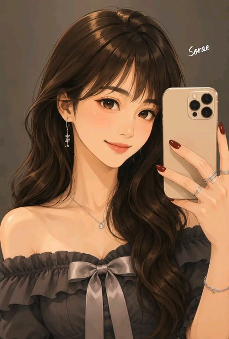 An anime-style illustration shows a young woman with long brown hair taking a mirror selfie with a smartphone, signed 'Sorae' in the top right corner.