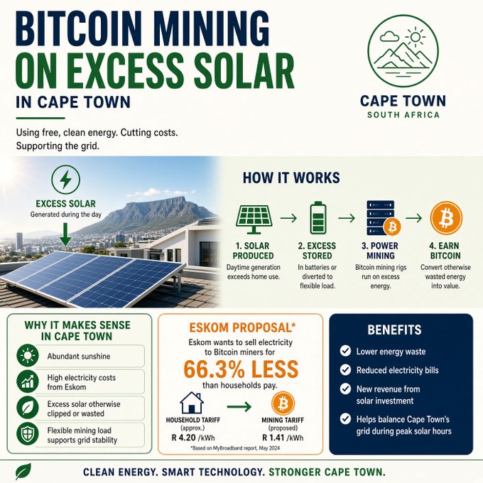 An infographic titled 'BITCOIN MINING ON EXCESS SOLAR IN CAPE TOWN' explaining a 4-step process: solar produced, excess stored, power mining, earn Bitcoin, noting Eskom's proposal at 66.3% less than household tariffs.