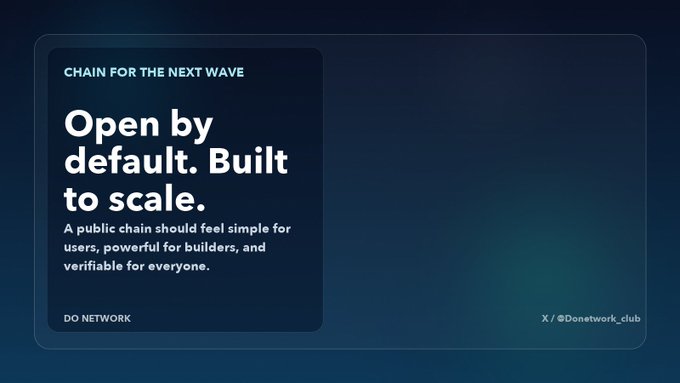 A dark blue promotional card for "DO Network" features the headline "Open by default. Built to scale." with the tagline "CHAIN FOR THE NEXT WAVE" above it, alongside text reading "A public chain should feel simple for users, powerful for builders, and verifiable for everyone." and social handles "X / @Donetwork.club." The image visually reinforces the post's message about prioritizing user-friendly UX and transparent, scalable Web3 infrastructure without unnecessary complexity.