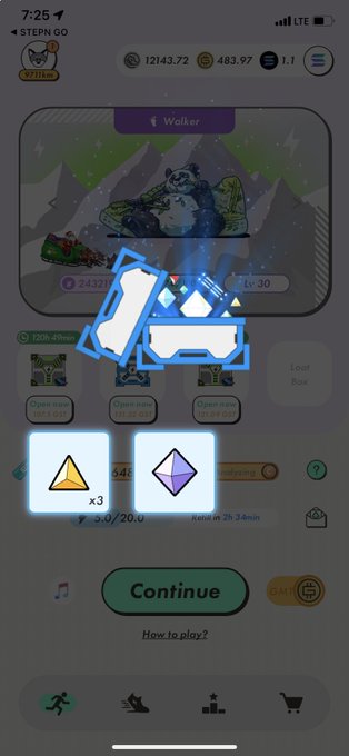 STEPN GO mobile app screenshot showing a "Walker" character with loot boxes, energy refills (yellow and purple gems), and a Continue button.