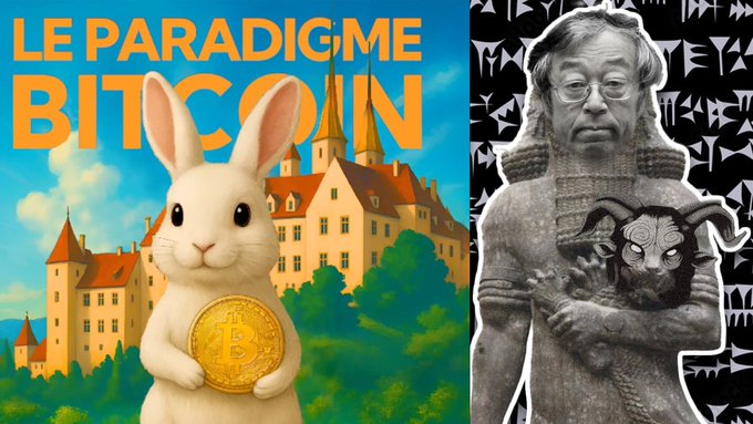 The image features a cartoon rabbit holding a gold coin, with an illustration of a man wearing glasses standing next to him. The text "Le Paradigme Bitcoin" is written above them. Below this, there are two images - one showing a castle in the background and another featuring a statue of a man holding a cat.