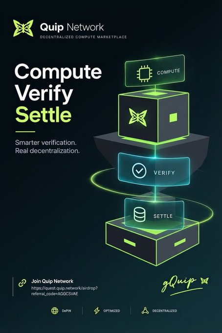 A promotional poster for **Quip Network**, a decentralized compute marketplace, highlights its three-step process—**Compute, Verify, and Settle**—with the tagline *"Smarter verification. Real decentralization."* The accompanying text ties directly to the "Verify" stage, emphasizing that the hardest challenge in decentralized computing isn't sourcing power but ensuring results are accurate and trustworthy.