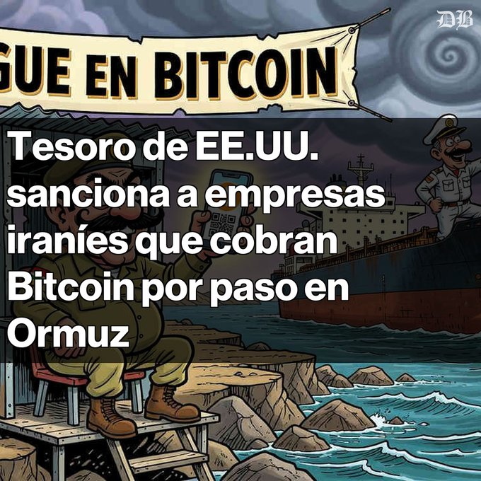 The image is a cartoon illustration showing a seated figure holding a smartphone with a QR code, positioned near a dock with a large cargo ship in the background. A banner at the top reads "GUE EN BITCOIN" (partially visible text), and an overlay headline in Spanish states: "Tesoro de EE.UU. sanciona a empresas iraníes que cobran Bitcoin por paso en Ormuz" (U.S. Treasury sanctions Iranian companies that collect Bitcoin for passage in Ormuz). The illustration visually represents the article's content about Iranian firms using cryptocurrency as payment for ships passing through the Strait of Hormuz.