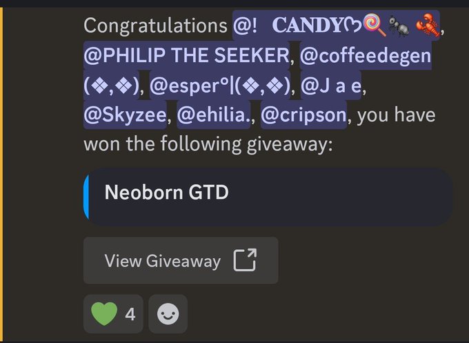 A screenshot of a giveaway notification congratulating users including @PHILIP THE SEEKER, @coffeedegen, and others for winning a 'Neoborn GTD' prize.