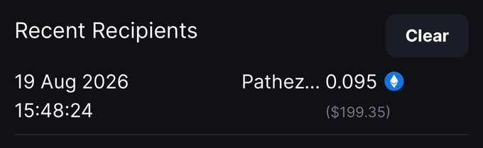 A dark-themed "Recent Recipients" interface shows a transaction dated 19 Aug 2026 at 15:48:24, awarding 0.095 ETH (~$199.35) to "Pathez..." (pathezzy), aligning with the post celebrating their MetaWin giveaway win.