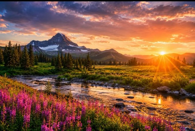 The image shows a beautiful sunset over a mountain range with a river running through it, surrounded by colorful flowers. The sky is filled with warm hues of orange and yellow as the sun sets behind the mountains. The scene conveys a sense of tranquility and natural beauty.