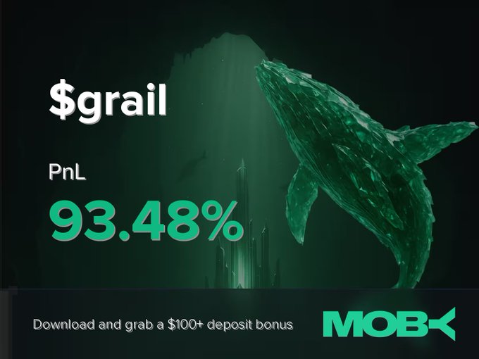 The image shows a green whale with a light blue base positioned over the word "grail" written in white letters, as well as a small ship depicted below it. The background has a dark green hue that contrasts with the vibrant colors of the whale and ship. In the bottom right corner, there is text about winning an alert on Moby Mobile for trading $grail with a PnL of +93.48% or receiving a 100% bonus deposit, which indicates that someone has won recently in this particular trade.