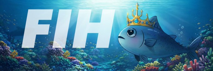The image features a cartoon fish wearing a crown while swimming among coral reefs and other sea creatures. The caption of the image reads "FIH" with an illustration of a fish wearing a crown above it. The text "Good morning, everyone @FIH_USD1 structures participation as a live source of market information." is also present in the image.