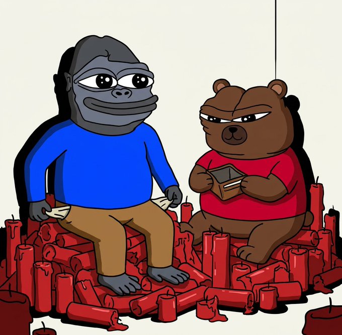 A cartoon illustration shows a gorilla in a blue shirt and a bear in a red shirt sitting among red candles, holding a wallet.