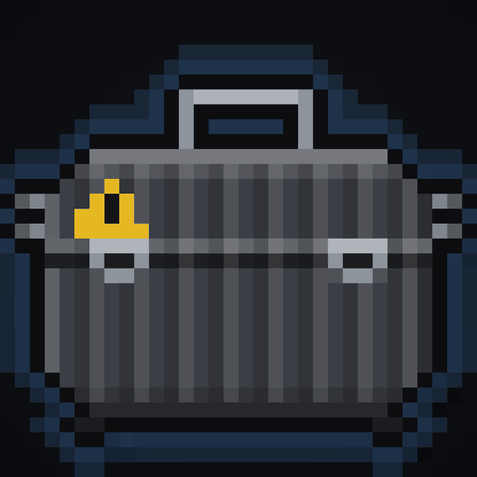 This pixel art depicts a briefcase with a yellow caution symbol, likely representing the "Casetrons" launching soon on OpenSea for a free mint with the last 100 wallets.