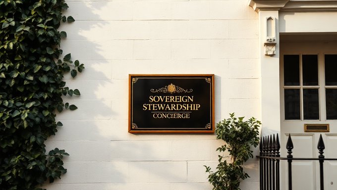 An ornate black and gold plaque reading 'SOVEREIGN STEWARDSHIP CONCIERGE' mounted on a white brick wall beside a door with an iron fence and ivy climbing the wall.