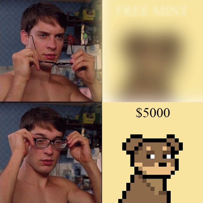 A meme showing a man putting on glasses to reveal different art styles, contrasting a blurry image labeled 'FREE' with a pixel art version labeled '$5000'.