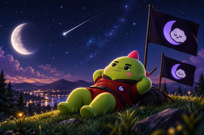 A digital illustration of a green cartoon character wearing a red vest, lying on grass at night beneath a crescent moon, a shooting star, and two black flags featuring a sleeping moon-and-cloud logo.
