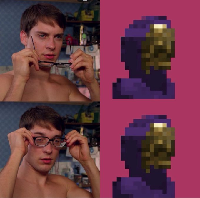 A four-panel image showing a young man removing his glasses in the two left panels, juxtaposed against two identical pixelated portraits of a hooded figure on a magenta background in the right panels.