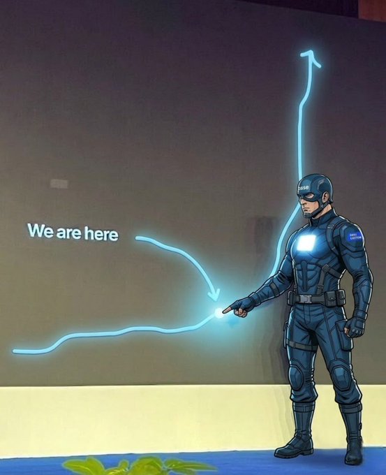 Illustration of a police officer in tactical gear pointing at a glowing blue line graph marked 'We are here', which sharply turns upward into an arrow.