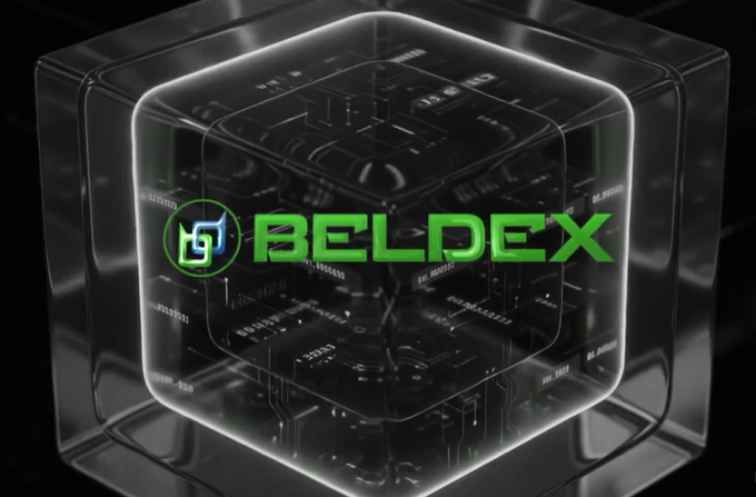 A 3D glass cube graphic displaying the 'BELDEX' logo in green text on a dark, tech-inspired background.