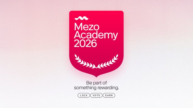 The image features a poster for the 4MVEZO Academy's 2026 event, which will be held over eight epochs. The poster displays the text "4M veMEZO will be distributed over the course of 8 epochs." This means that the event will last for eight years or 32 months. 

The poster also includes a logo and text about the event. It reads: "Be part of something rewarding. Lock vote, earn 2x. Boost all 8 epochs to earn 2x". The logo is a shield with a red border and a white center, featuring a stylized design of a lock and key. The text inside the shield encourages participants to engage in the event by creating new locks or extending existing ones, which will result in an increase in their voting power over time.